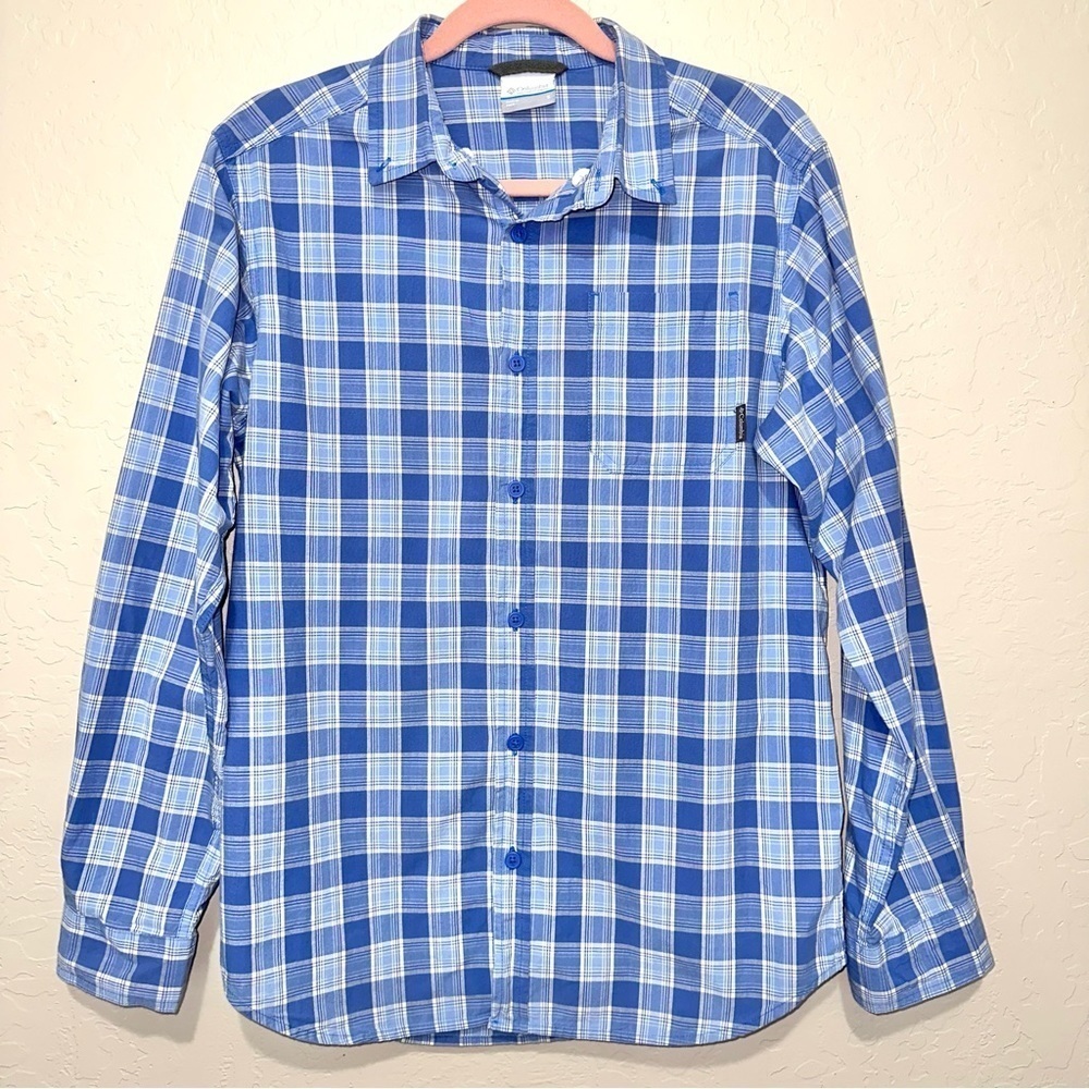 Columbia Men’s Small Blue Plaid Long Sleeve 100% Cotton Shirt Outdoorsy Top